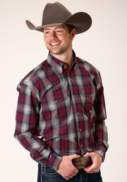 Mens Long Sleeve Button Wine Plaid Western Shirt