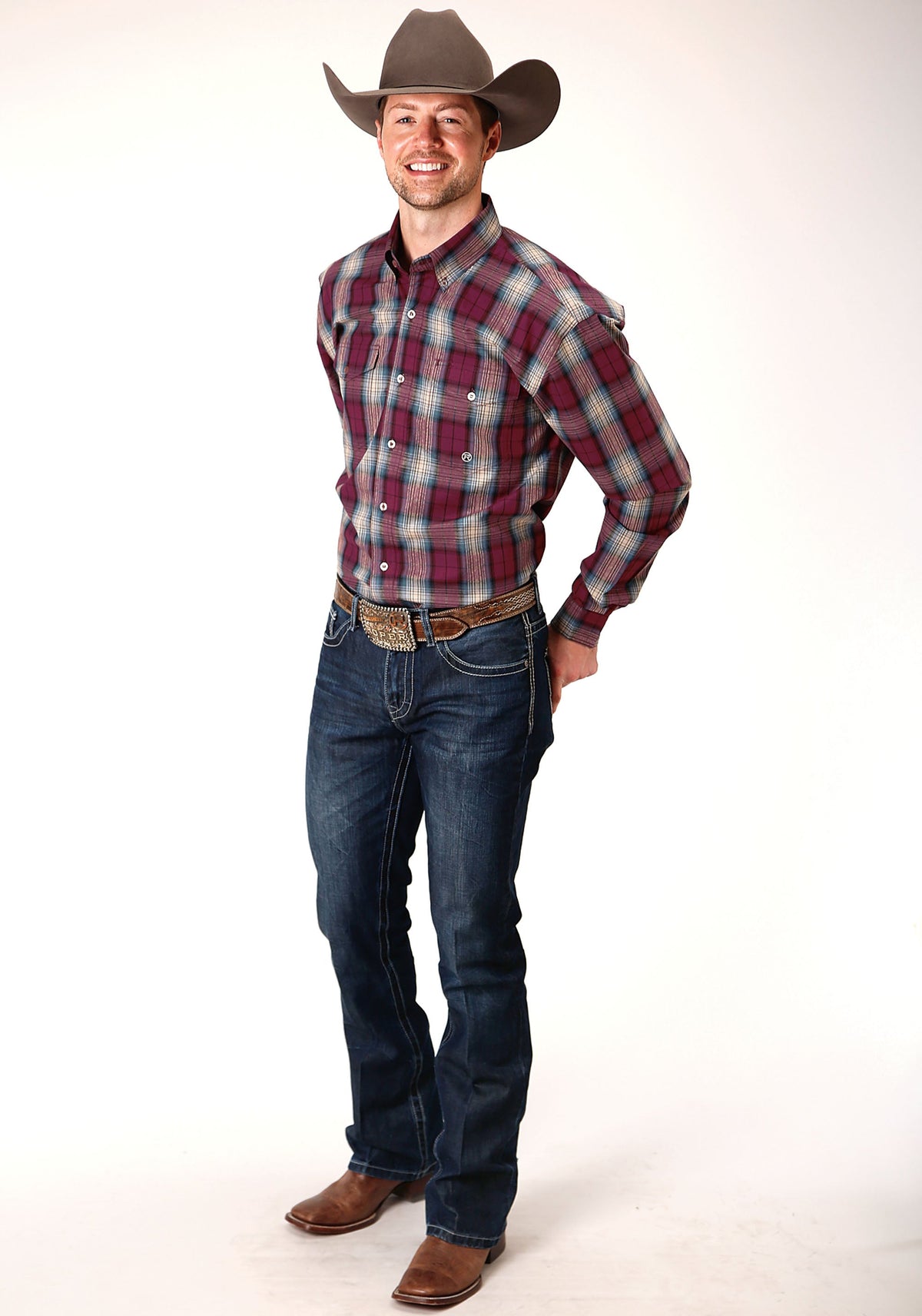 Mens Long Sleeve Button Wine Plaid Western Shirt