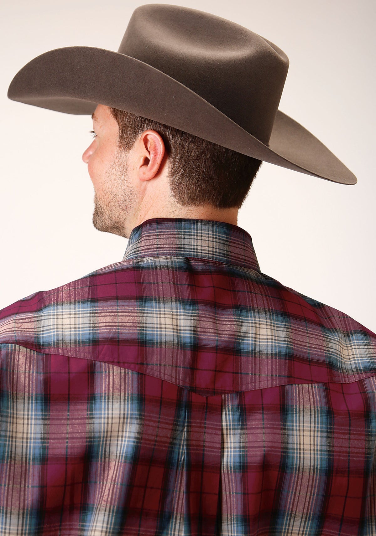 Mens Long Sleeve Button Wine Plaid Western Shirt