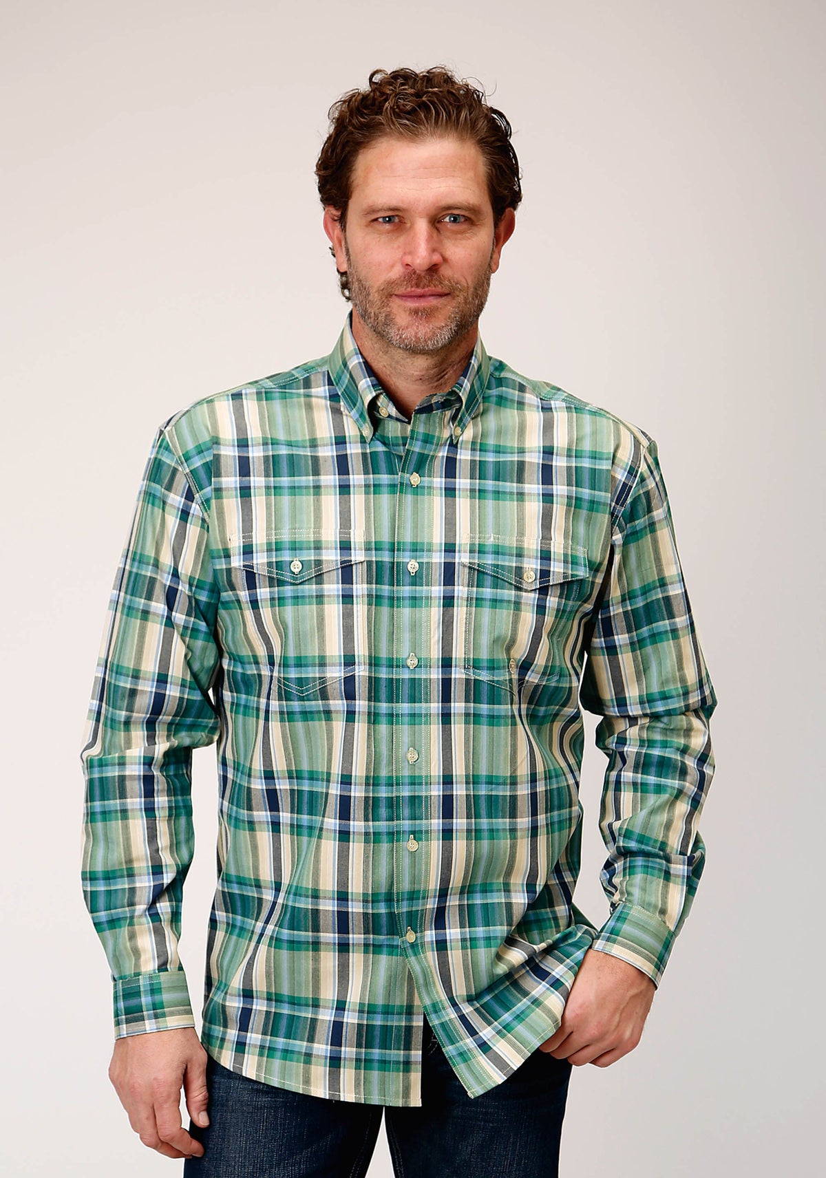 Mens Long Sleeve Button Ocean Plaid Western Shirt