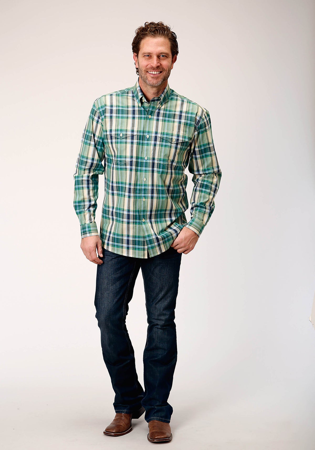 Mens Long Sleeve Button Ocean Plaid Western Shirt