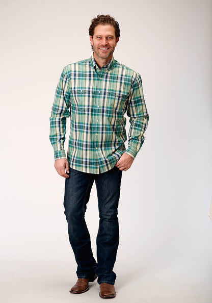 Mens Long Sleeve Button Ocean Plaid Western Shirt