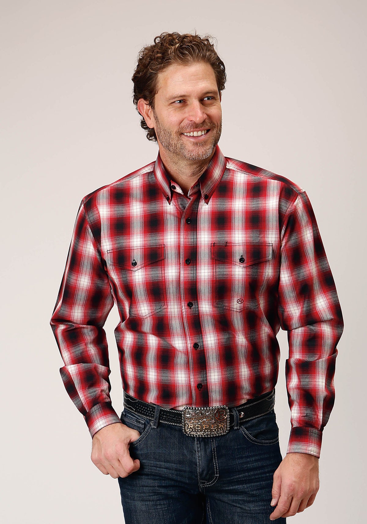 Mens Long Sleeve Button Basic Red Plaid Western Shirt