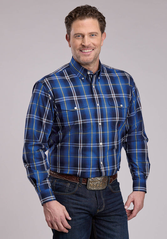 Mens Long Sleeve Button Midnight Plaid Western Shirt