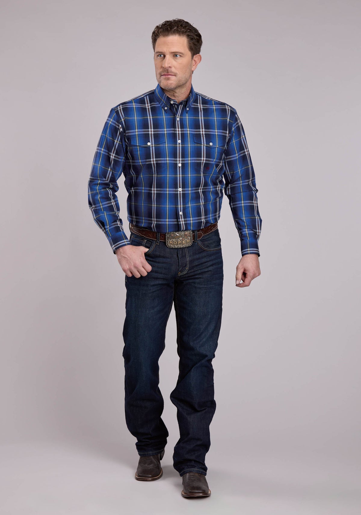 Mens Long Sleeve Button Midnight Plaid Western Shirt