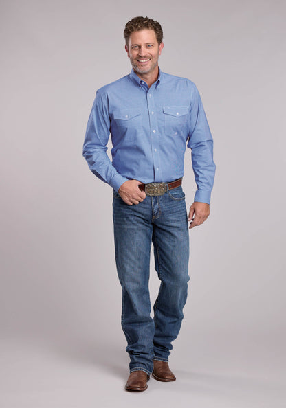 Mens Roper Stretch Mini Check Blue Long Sleeve Button Shirt