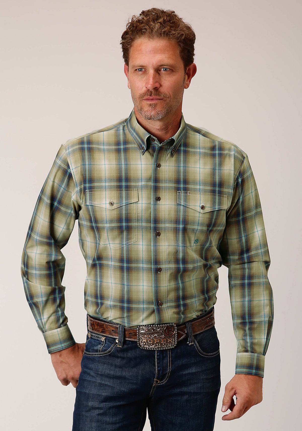 Mens Long Sleeve Button Sand Dune Plaid Western Shirt