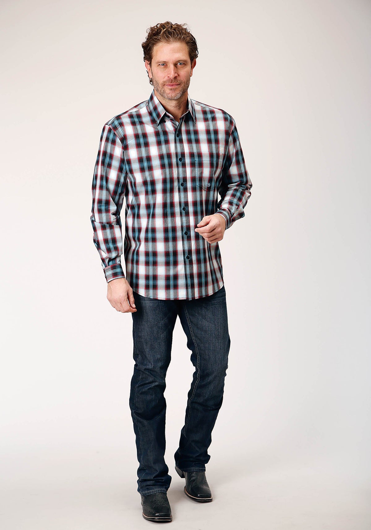 Mens Long Sleeve Button West Plaid Western Shirt