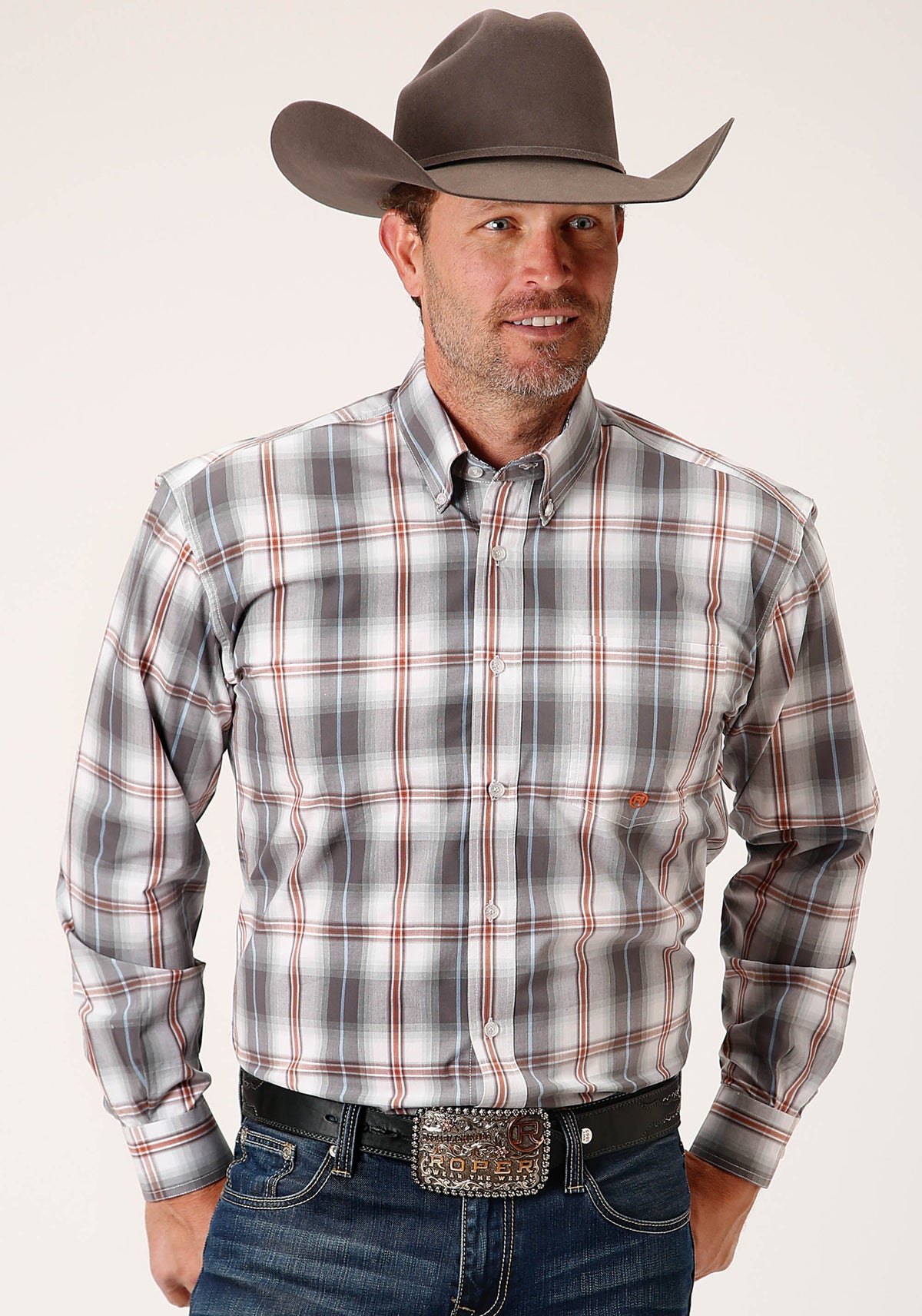 Mens Long Sleeve Button Smokey Plaid Western Shirt