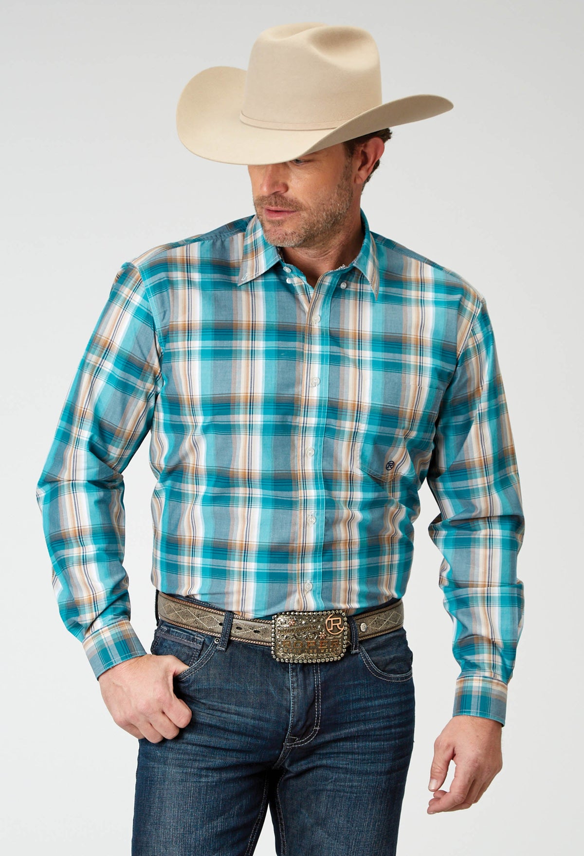 Mens Long Sleeve Button Waters Edge Plaid Western Shirt