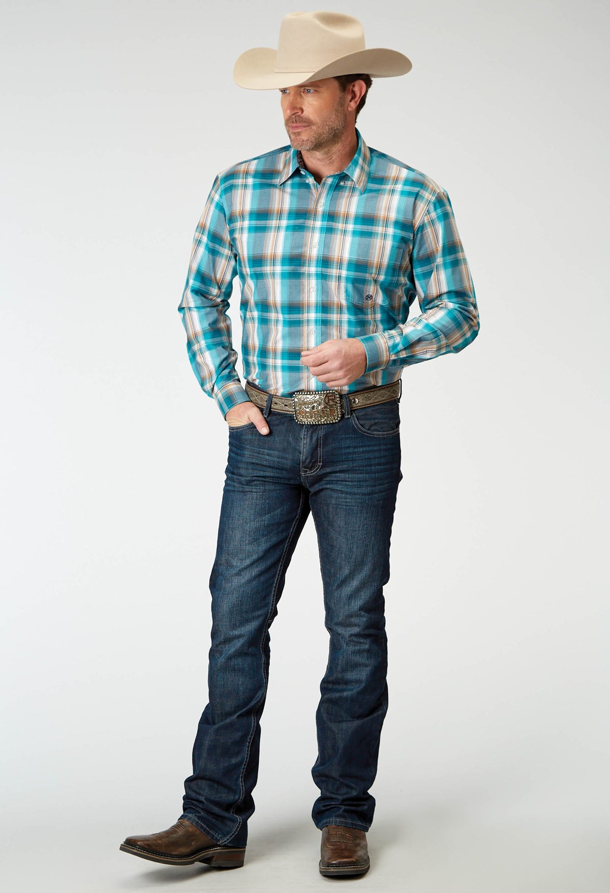 Mens Long Sleeve Button Waters Edge Plaid Western Shirt