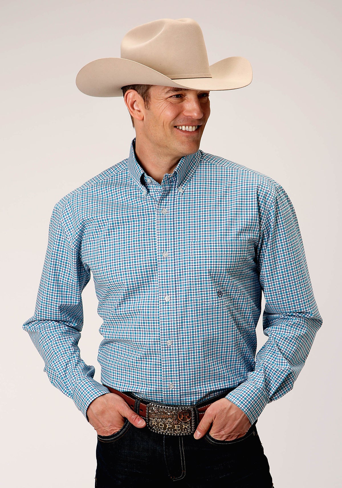 Mens Long Sleeve Button Stretch Check Western Shirt