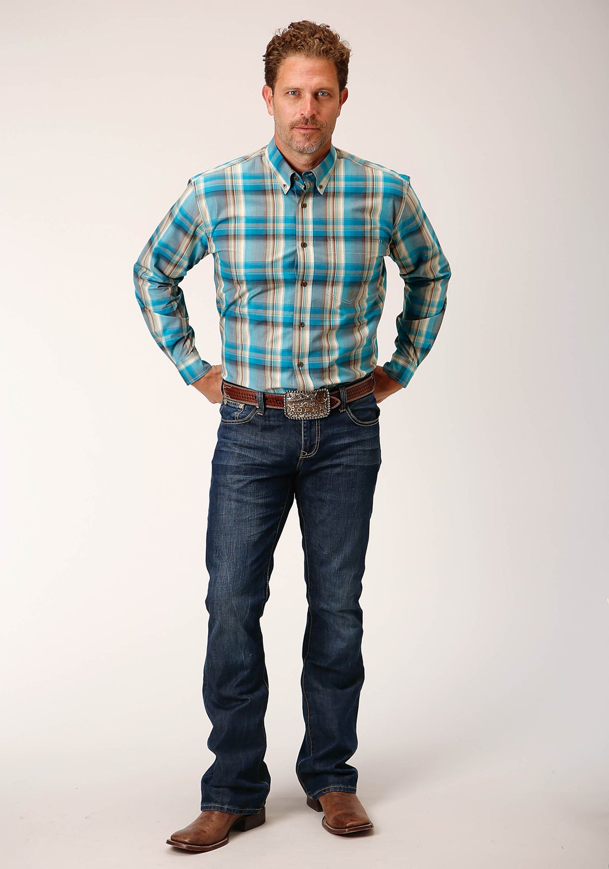 Mens Long Sleeve Button Sandy Turquoise Plaid Western Shirt