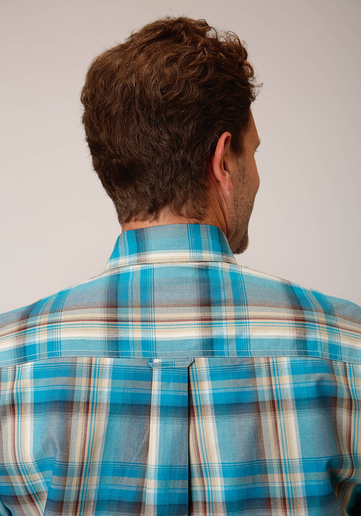 Mens Long Sleeve Button Sandy Turquoise Plaid Western Shirt