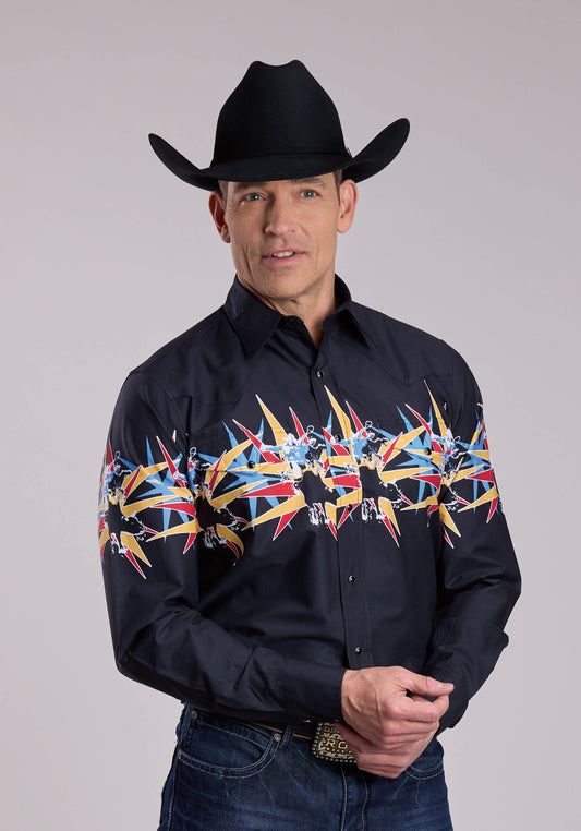 Mens Roper Star Bull Border Long Sleeve Snap Shirt