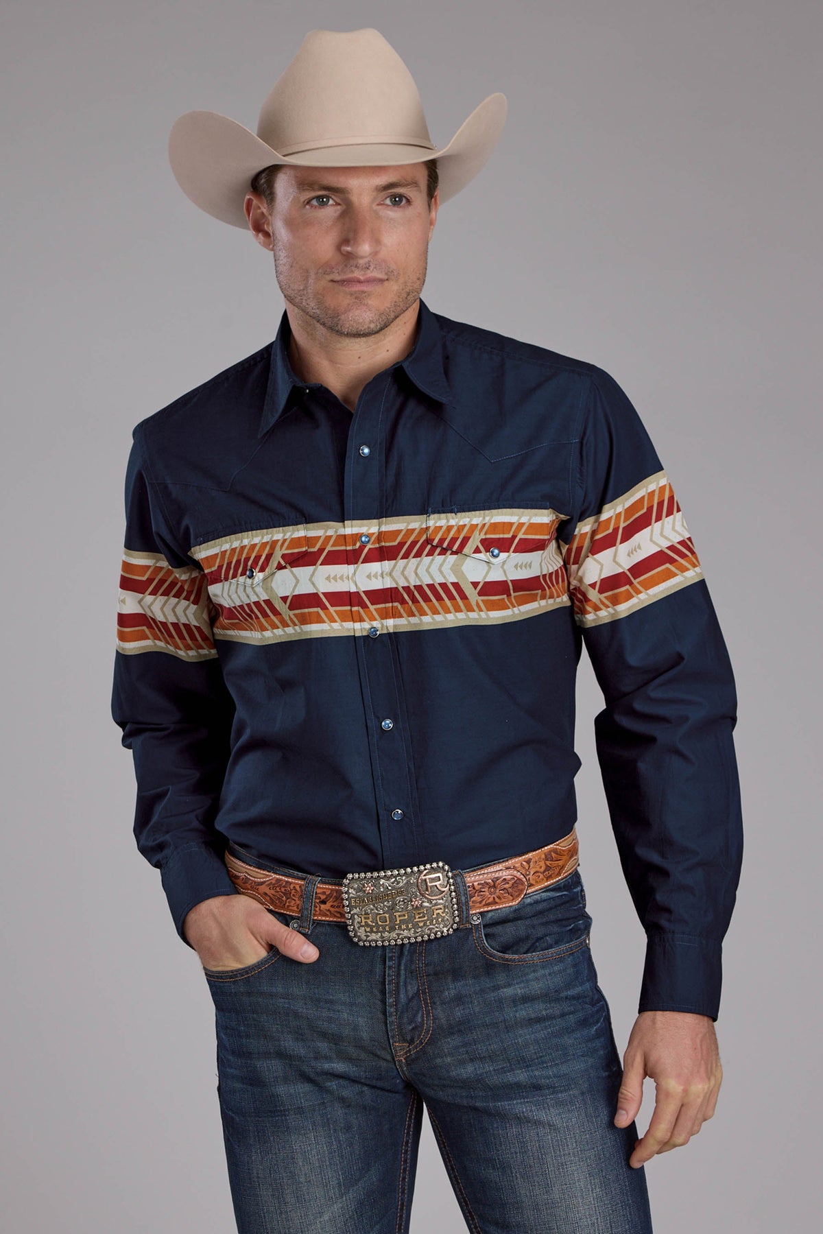Mens Aztec Border Print Long Sleeve Snap Western Shirt