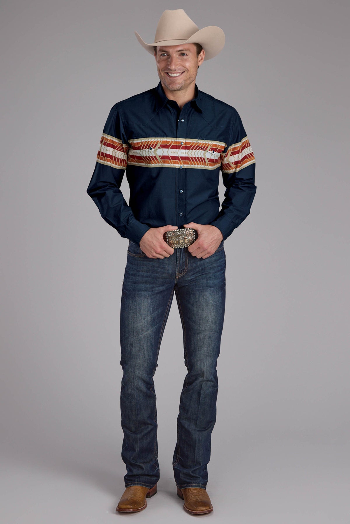 Mens Aztec Border Print Long Sleeve Snap Western Shirt