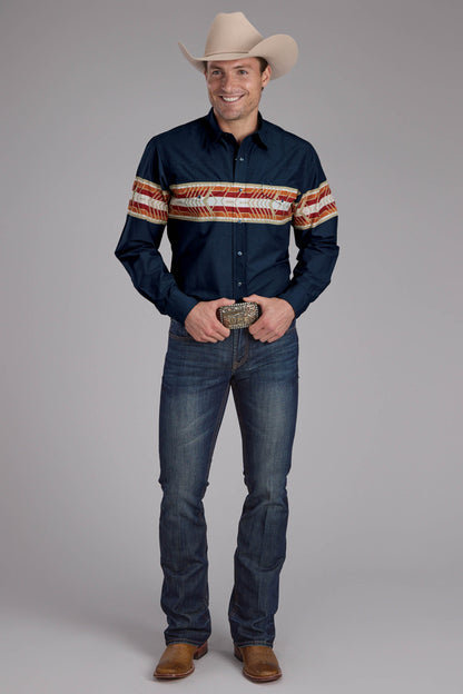 Mens Aztec Border Print Long Sleeve Snap Western Shirt