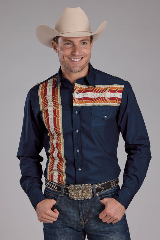 Mens Aztec Border Print Long Sleeve Button Western Shirt
