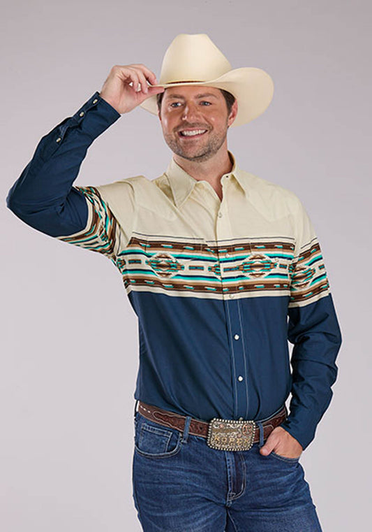 Mens Vintage Aztec Border Long Sleeve Snap Western Shirt