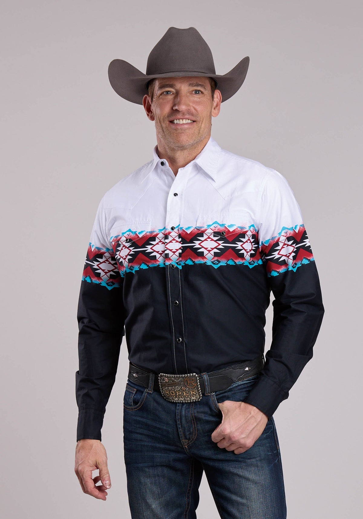 Mens Roper Stampled Aztec Border Long Sleeve Snap Shirt