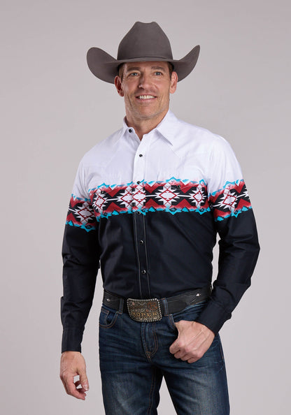Mens Roper Stampled Aztec Border Long Sleeve Snap Shirt