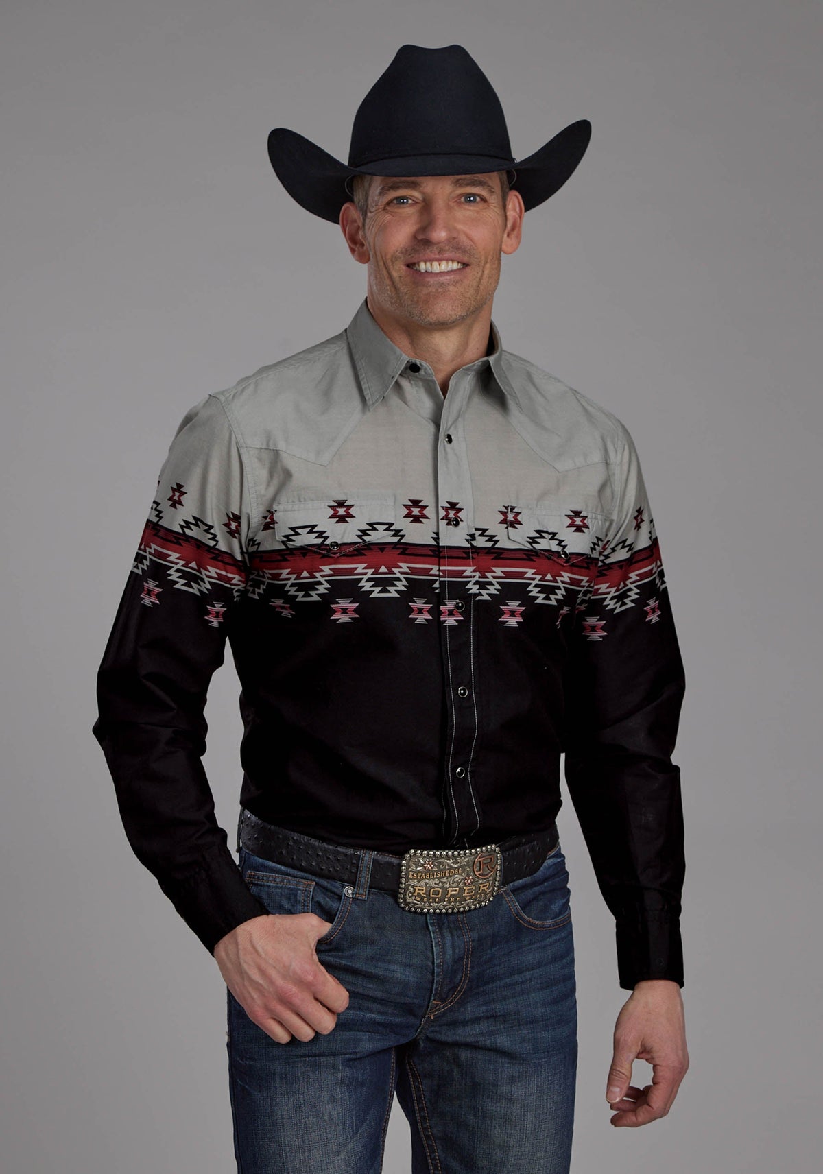 Mens Ombre Aztec Border Long Sleeve Snap Western Shirt