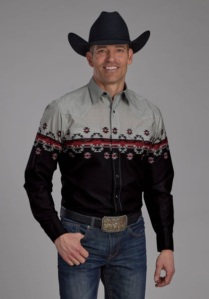 Mens Ombre Aztec Border Long Sleeve Snap Western Shirt