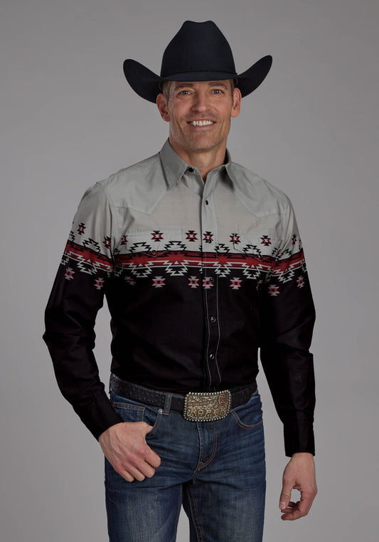 Mens Ombre Aztec Border Long Sleeve Snap Western Shirt