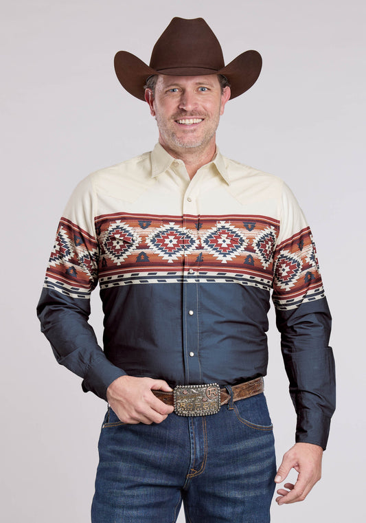 Mens Long Sleeve Snap Ombre Border Print Western Shirt