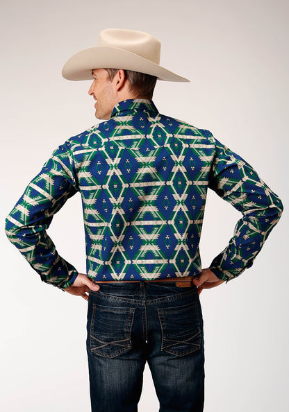 Mens Long Sleeve Snap Navy Aztec Allover Print Western Shirt