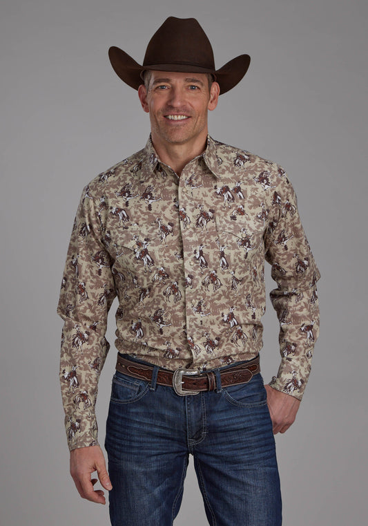 Mens Brushstroke Cowboys Print Long Sleeve Snap Western Shirt