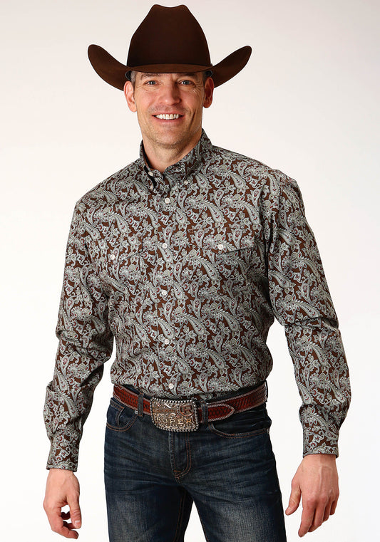 Mens Long Sleeve Button Pine Paisley Western Shirt Tall Fit