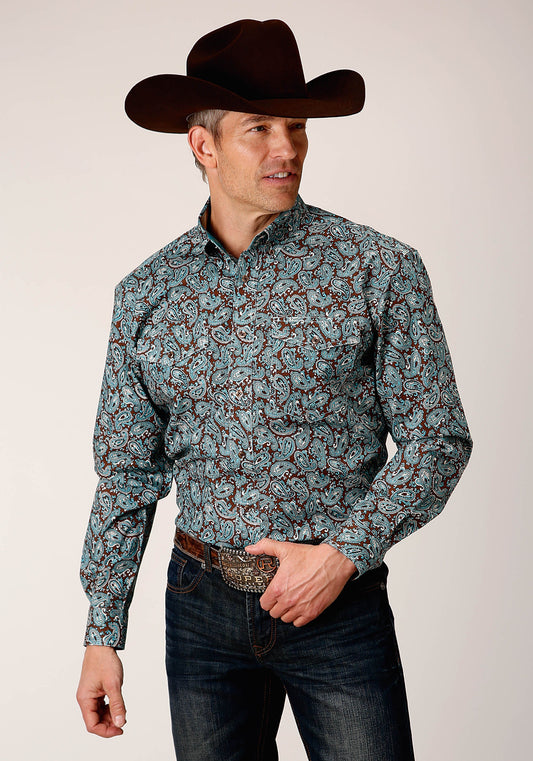 Mens Long Sleeve Button Turquoise Mine Paisley Western Shirt Tall Fit