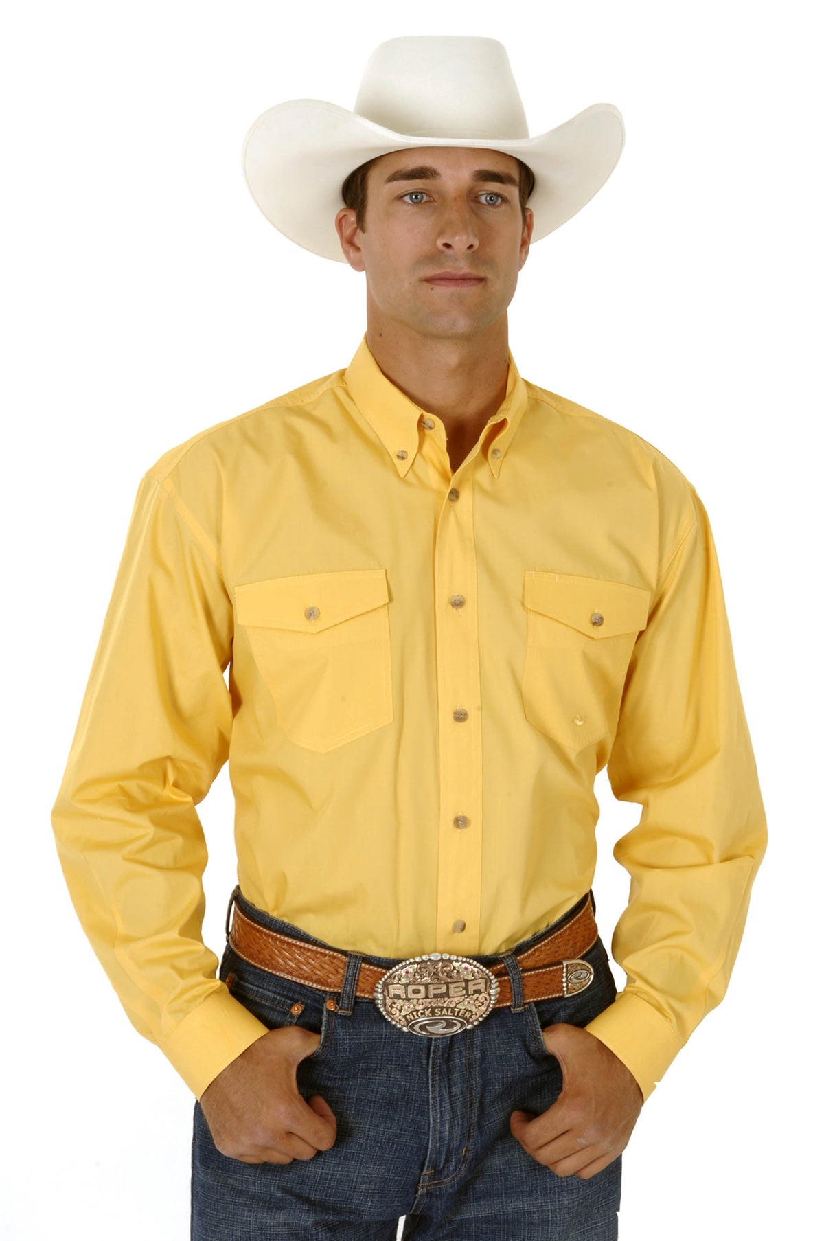 Mens Yellow Solid Long Sleeve Western Button Shirt Tall Fit