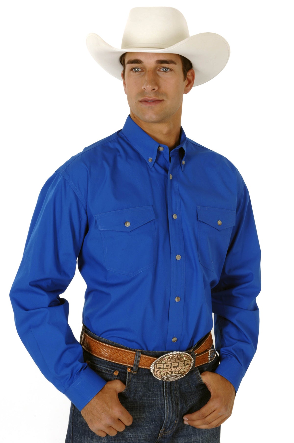 Mens Blue Solid Long Sleeve Western Button Shirt Tall Fit