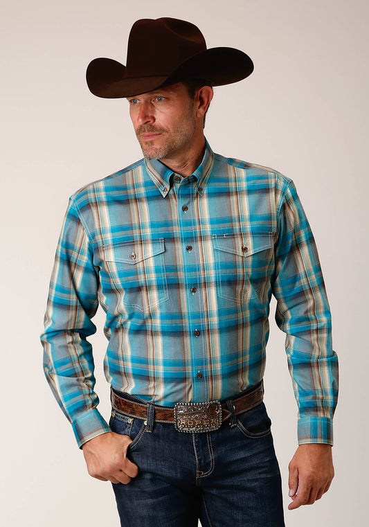 Mens Long Sleeve Button Sandy Turquoise Plaid Western Shirt Tall Fit