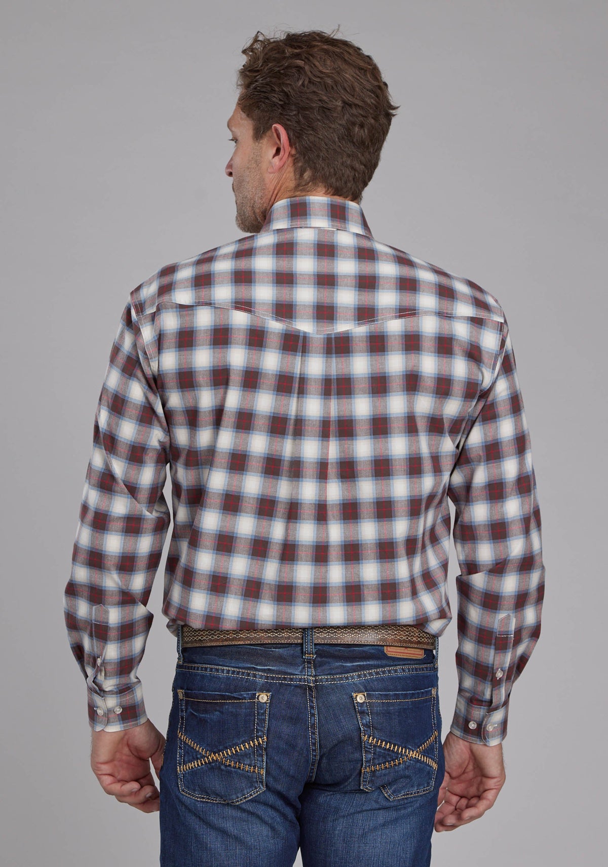 Mens Stretch Plaid - Brown Long Sleeve Button Western Shirt
