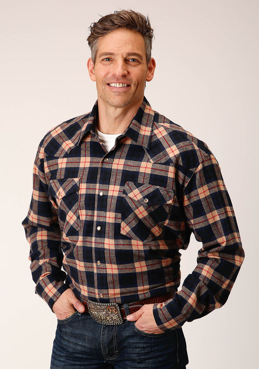 Mens Long Sleeve Snap Unlined Tan Navy And Red Flannel Plaid Shirt Western