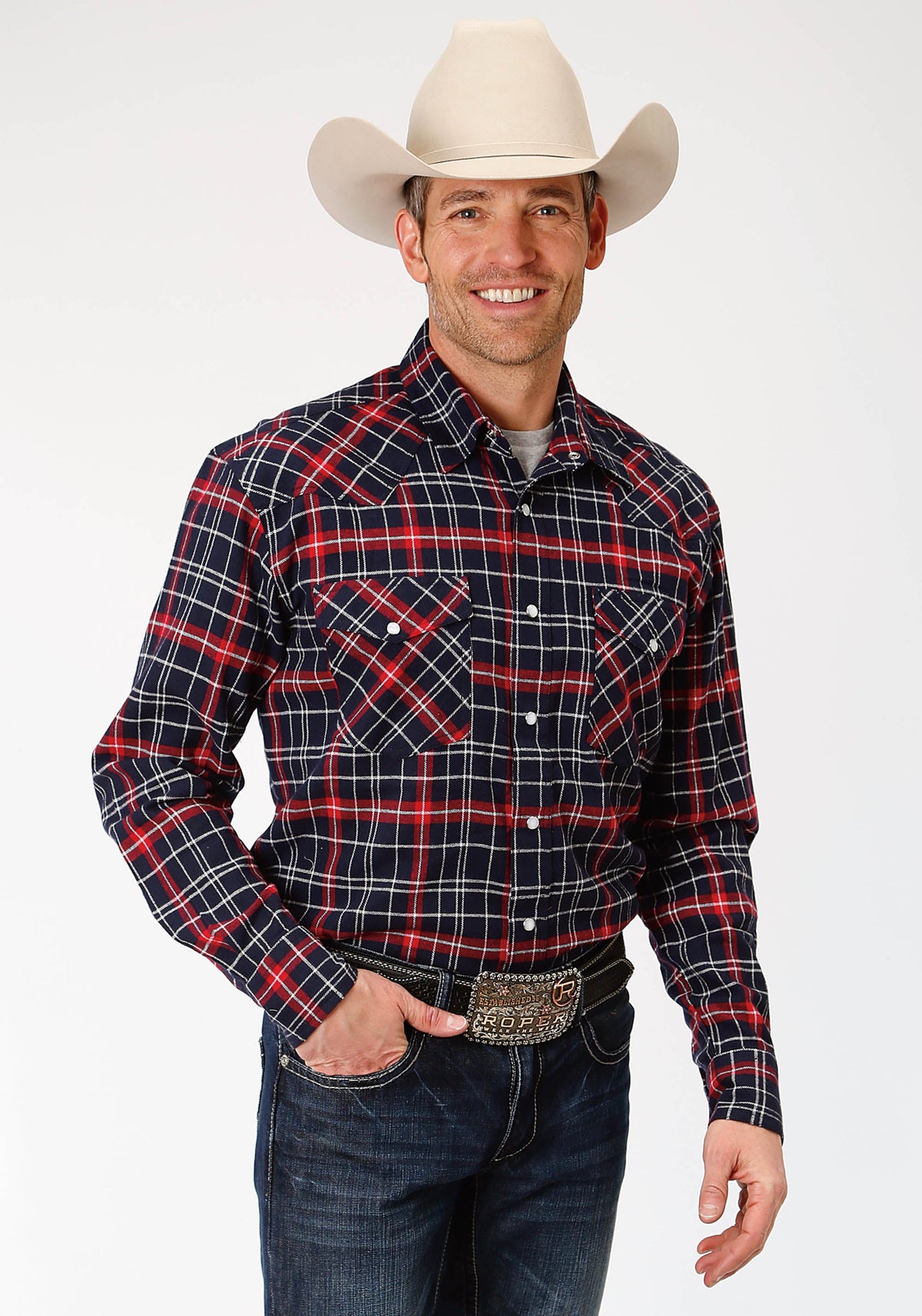 Mens Red Navy And White Plaid Long Sleeve Western Snap Shirt Tall Fit