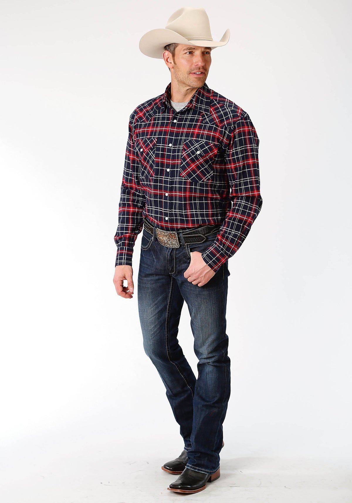 Mens Red Navy And White Plaid Long Sleeve Western Snap Shirt Tall Fit
