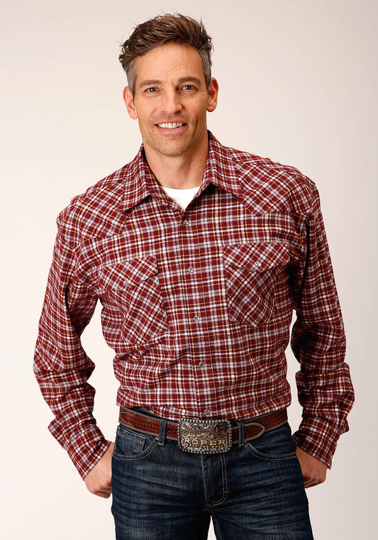 Mens Long Sleeve Snap Unlined Wine Grey And Gold Flannel Plaid Shirt Wester