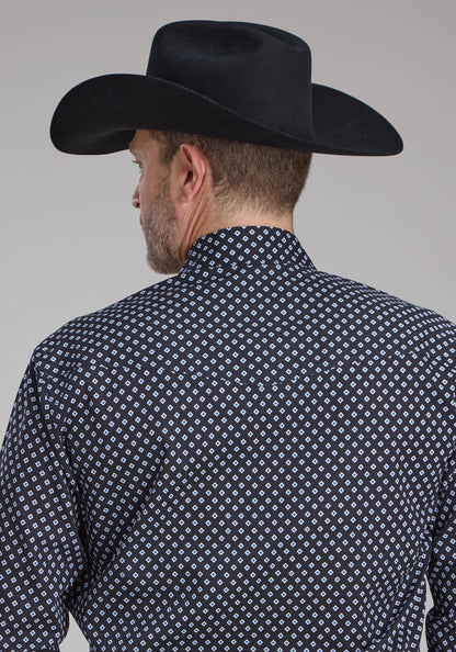 Mens Blue Diamonds Long Sleeve Snap Western Shirt