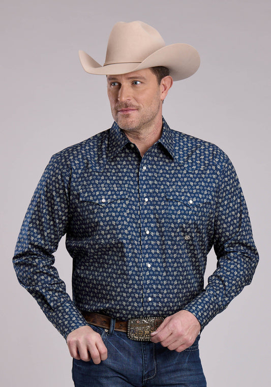 Mens Long Sleeve Snap Stretch Poplin Paisley - Navy Western Shirt
