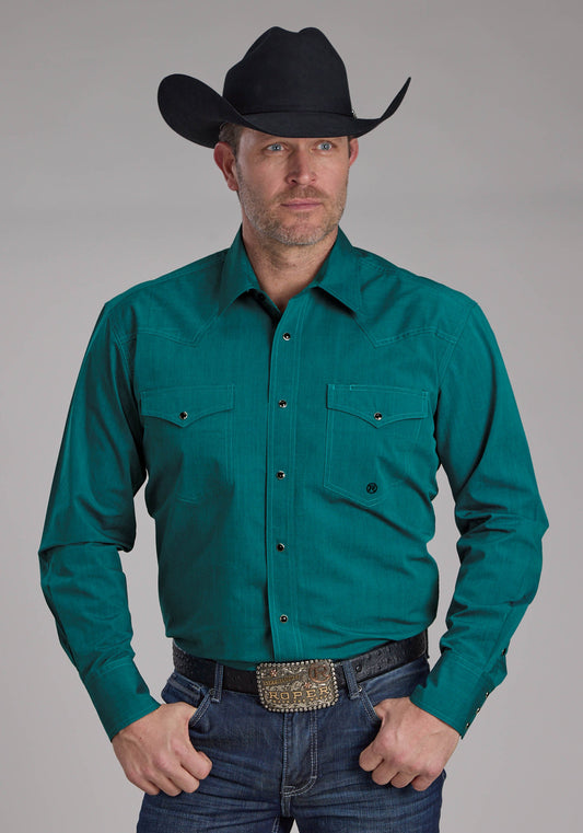 Mens Black Fill Solid Poplin - Teal Long Sleeve Snap Western Shirt