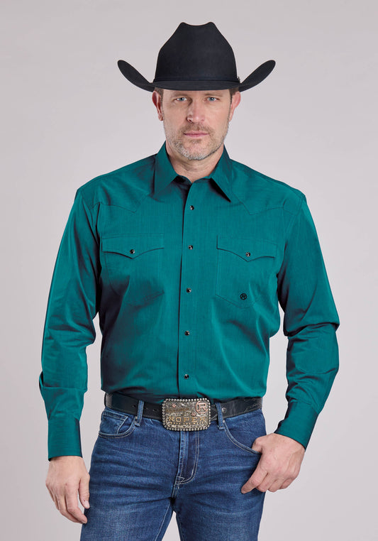 Mens Roper Solid Black Fill Teal Long Sleeve Snap Shirt