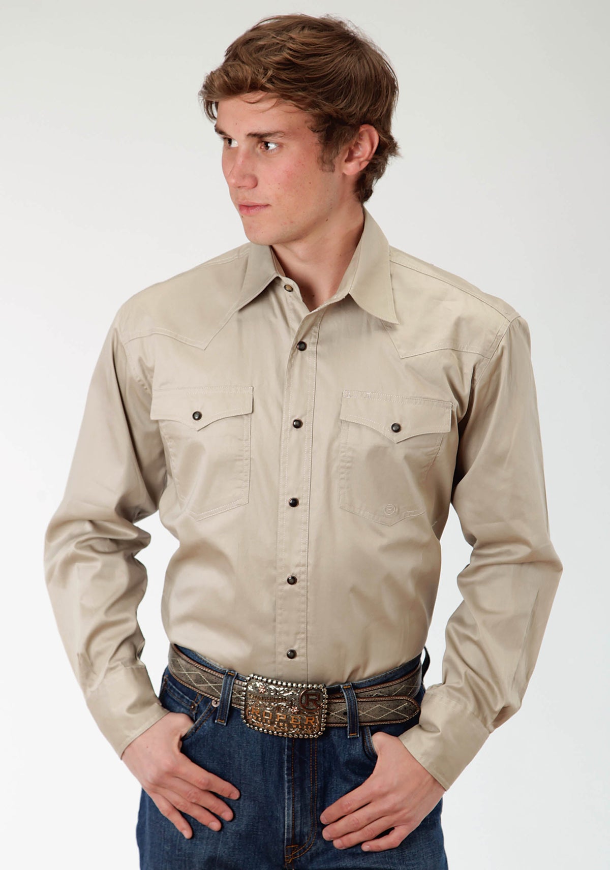 Mens Khaki Solid Long Sleeve Western Snap Shirt Tall Fit