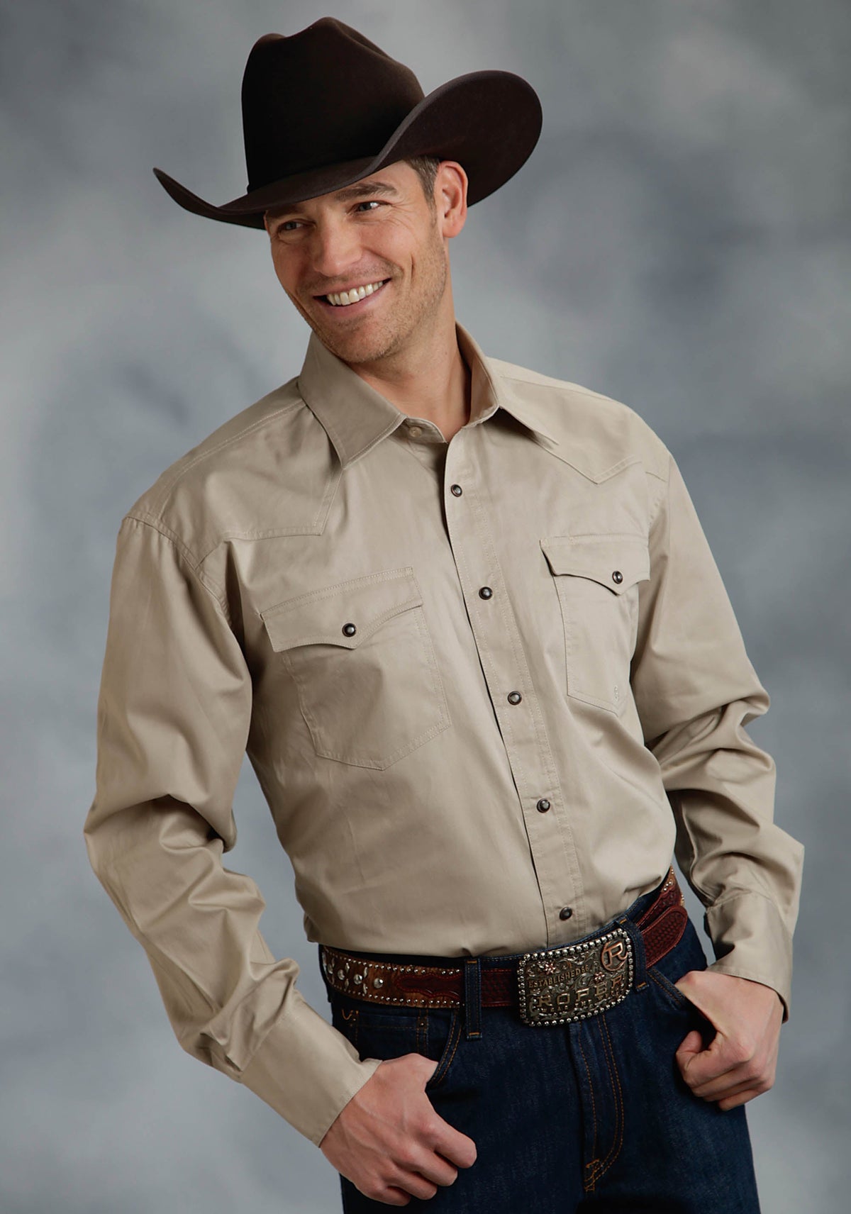 Mens Khaki Solid Long Sleeve Western Snap Shirt Tall Fit