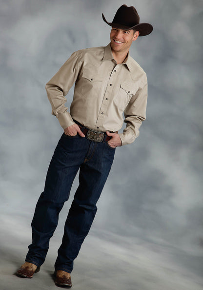 Mens Khaki Solid Long Sleeve Western Snap Shirt Tall Fit