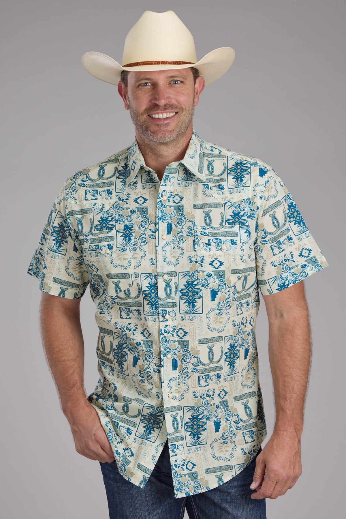 Mens Tropical Resort Print Short Sleeve Snap Western Shirt